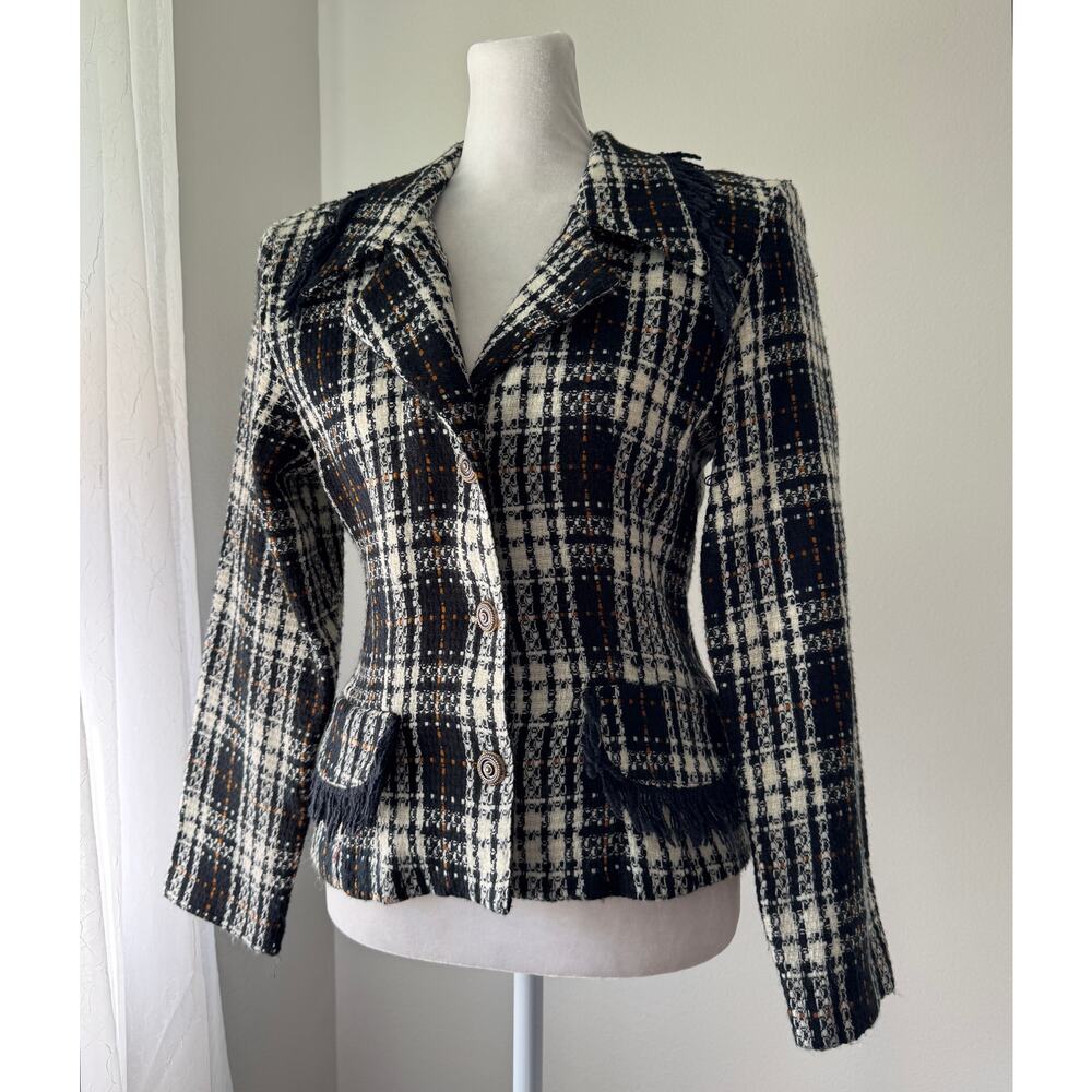 Vintage Y2K Wrapper Black & White Textured Blazer w/ Shoulder Pads